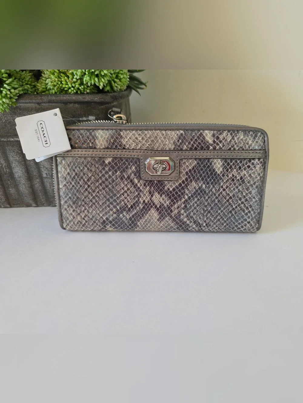 Coach Campbell  Embossed Leather Large Satchel Wallet Set Neutral Snakeskin